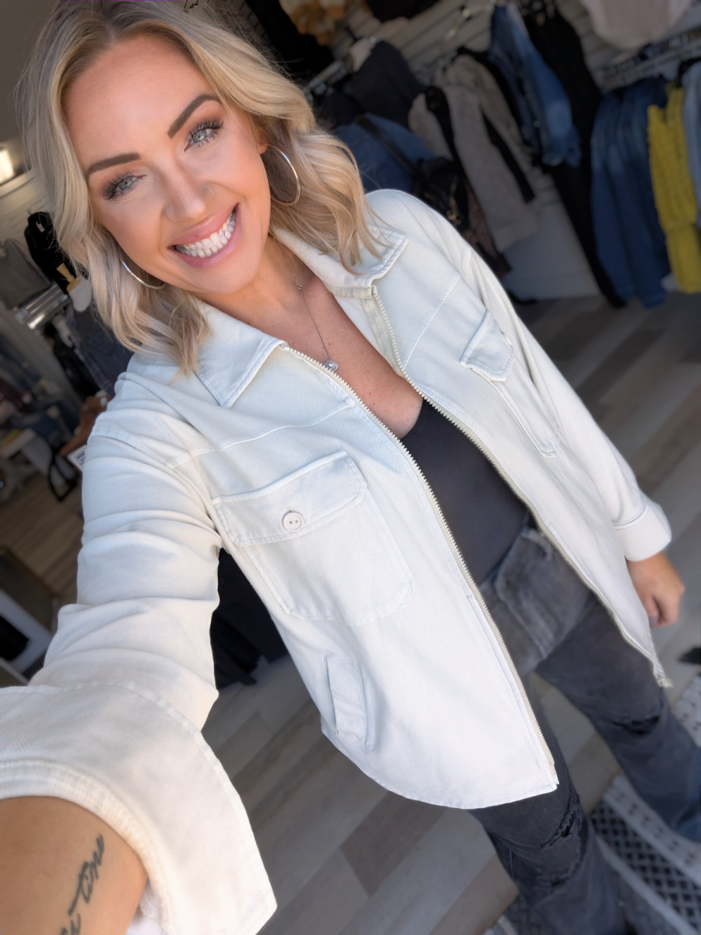 Zip up shacket sales